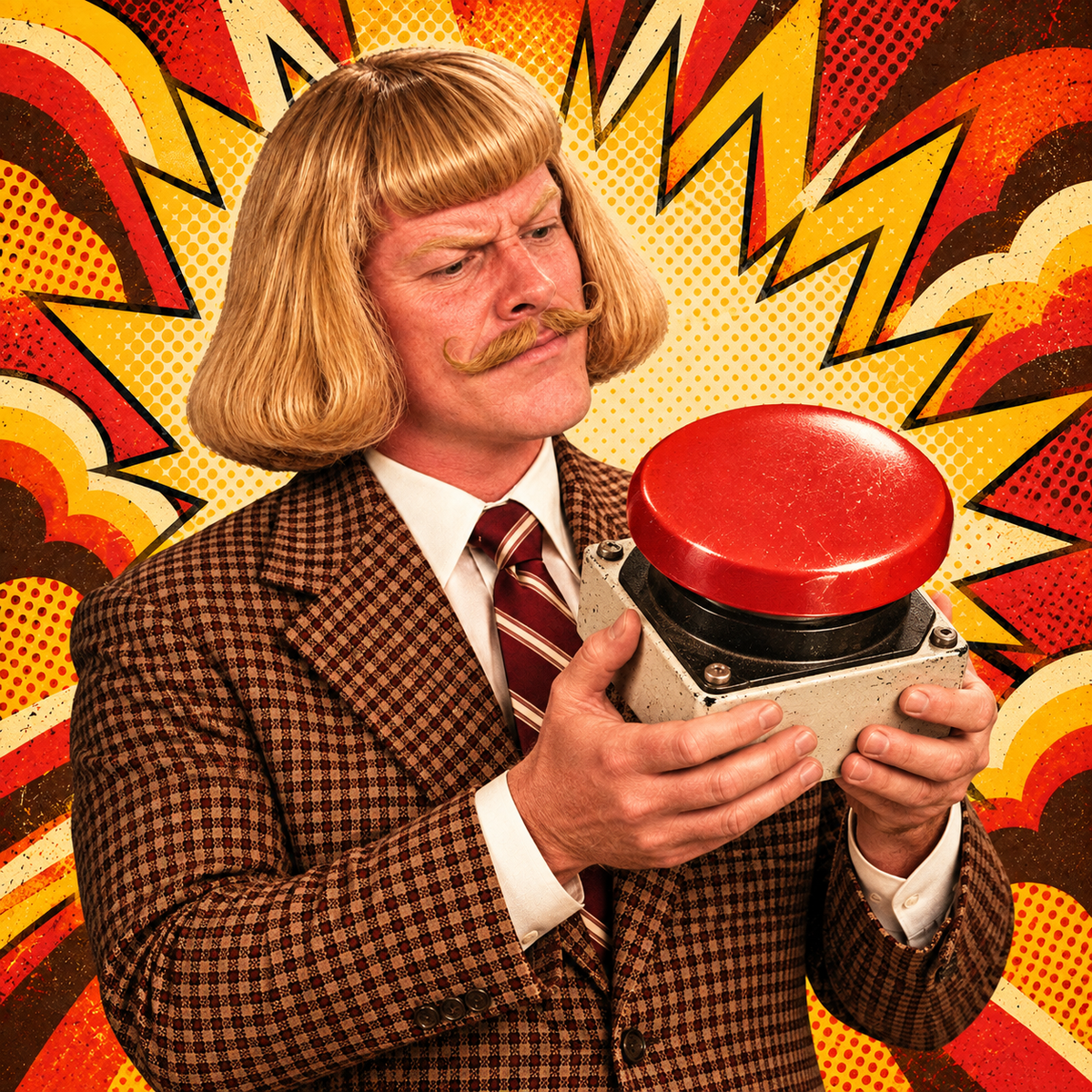 Phil studies a large red button